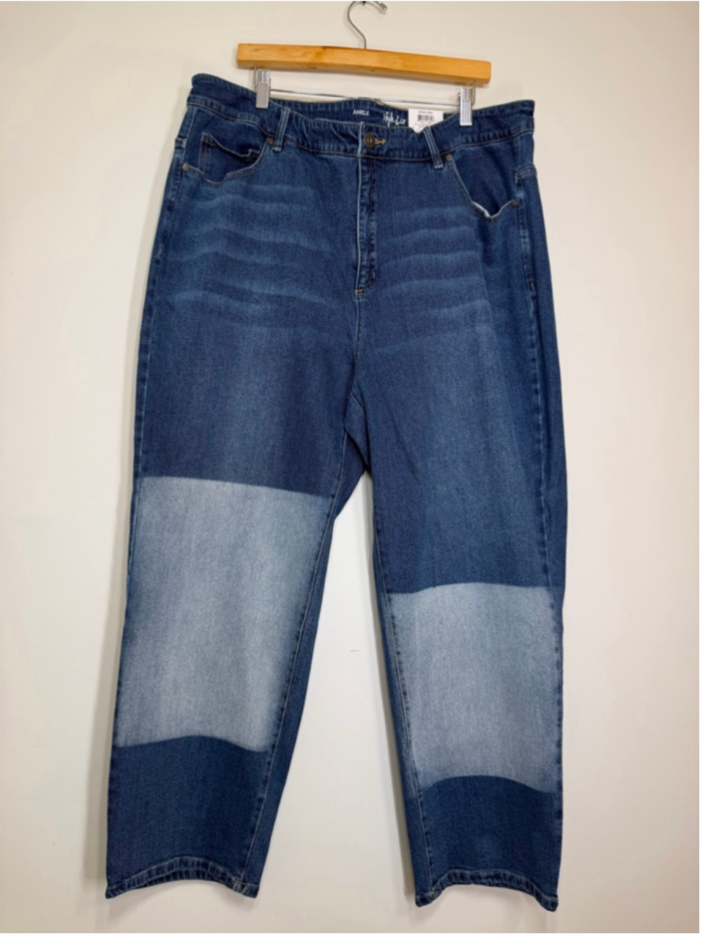 Style & Co Mom Jean Plus 20W High Rise Straight Ankle Shadow Wash Blue Patchwork